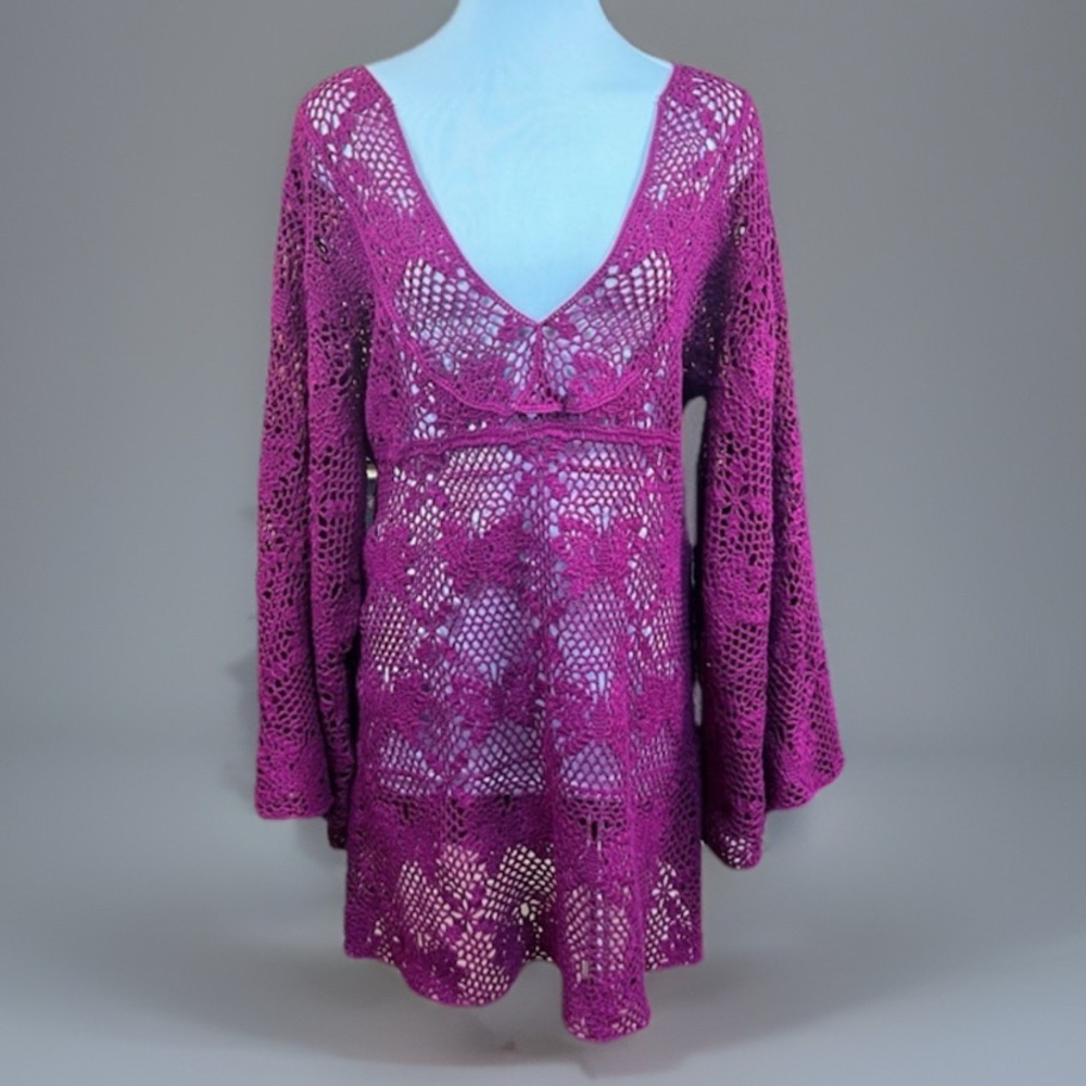Designer Lisa Maree Laguna magenta, see-through crochet cover dress OS